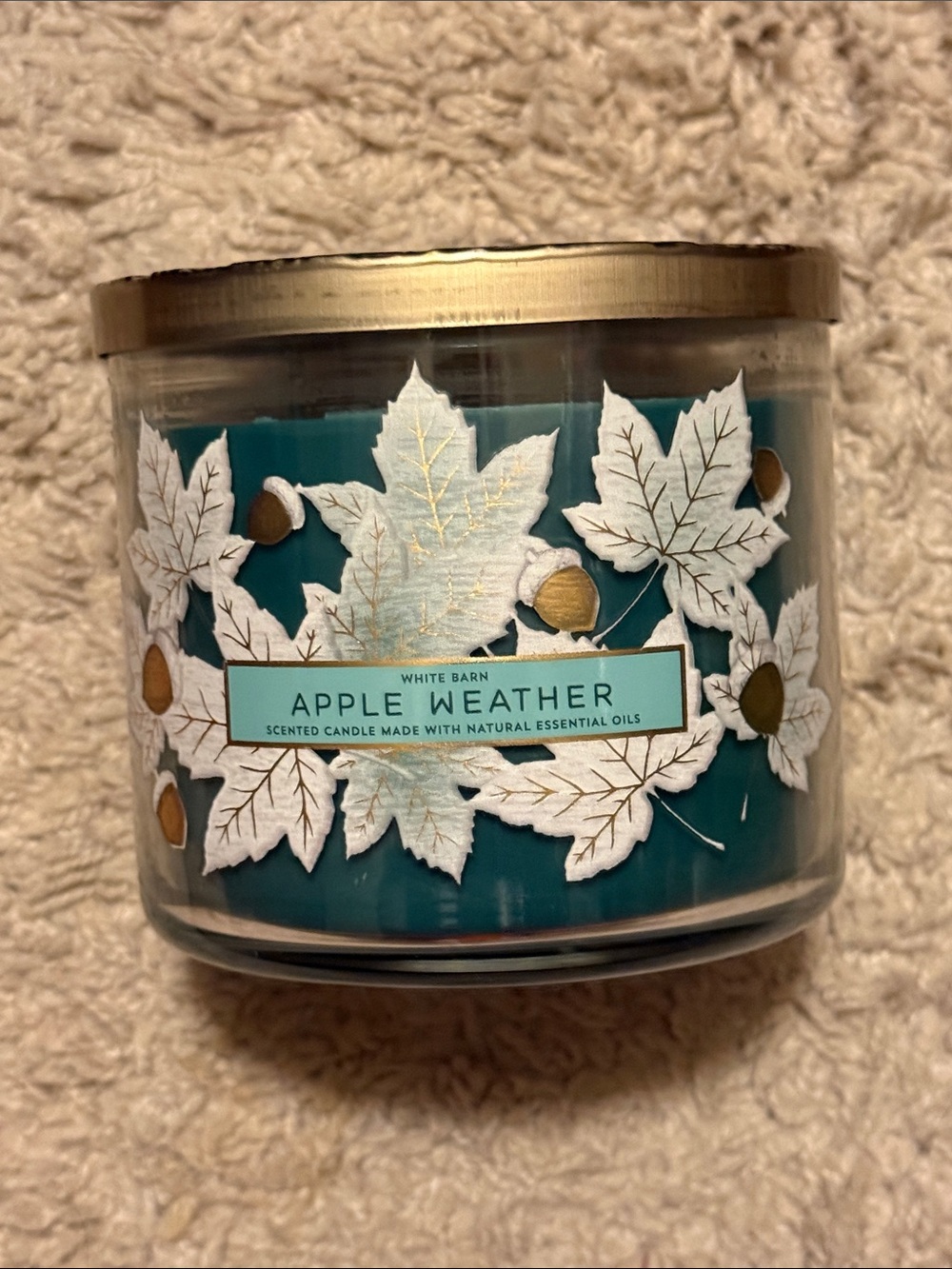 White Barn Apple Weather Candle in Teal with Gold Accents